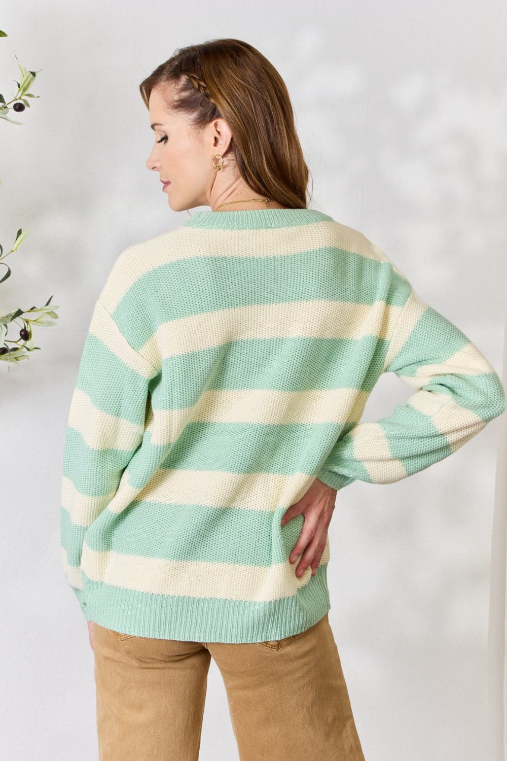 Sew In Love Full Size Contrast Striped Round Neck Sweater.