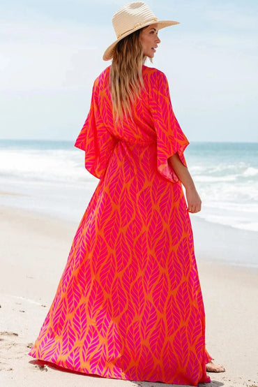 Chic drawstring v-neck maxi dress with printed design