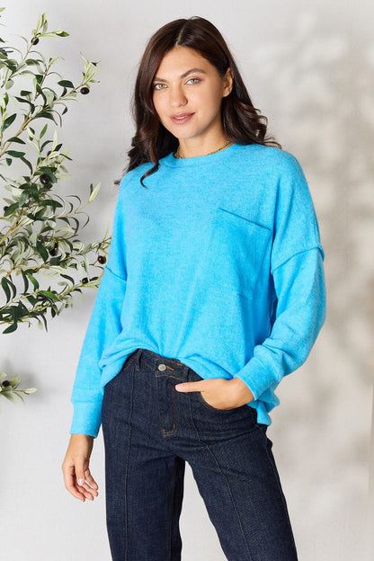 Zenana Round Neck Long Sleeve Sweater with Pocket.