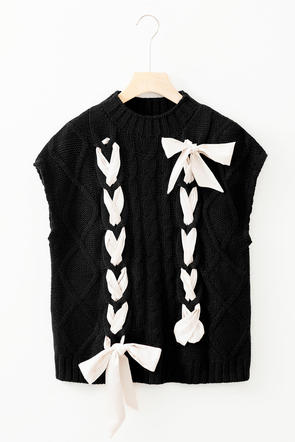 Black Cable Knit Colorblock Sweater with Satin Bowknot Details