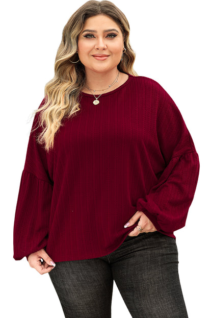 Chic red dahlia plus size textured knit top with playful balloon sleeves