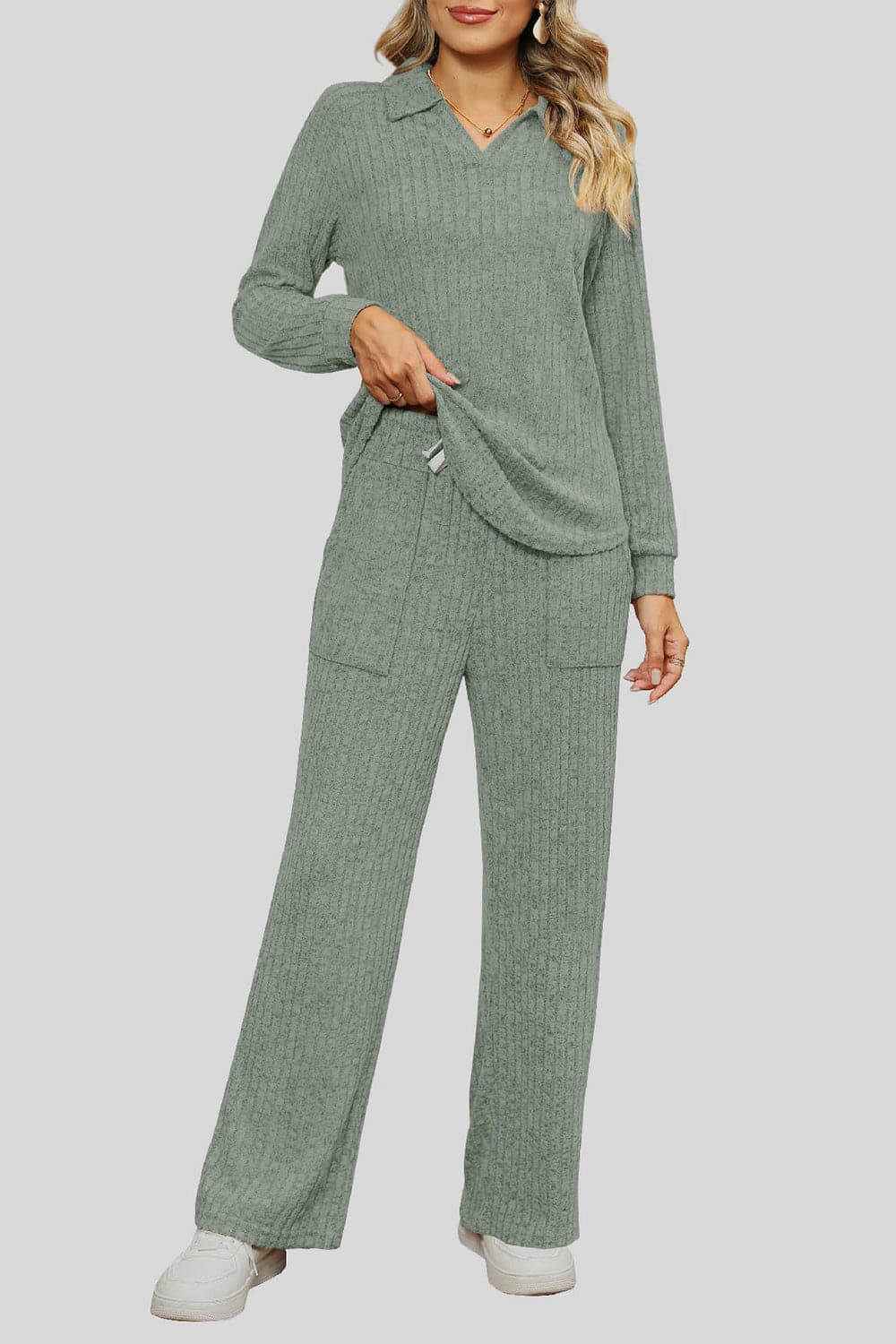 Ribbed Long Sleeve Top and Pocketed Pants Set.