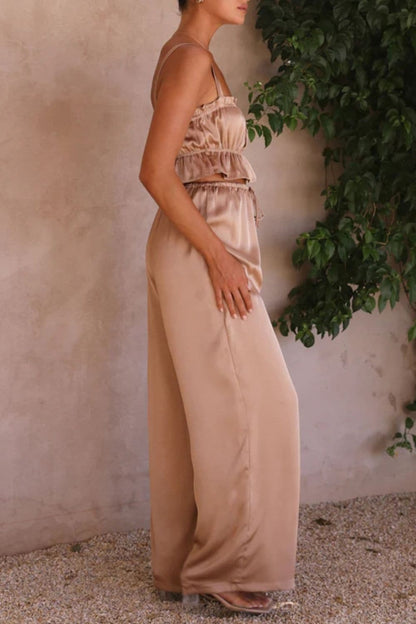 Ruffled Sleeveless Top and Wide Leg Pants Set.