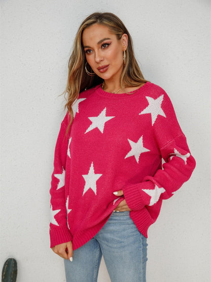 Star Round Neck Dropped Shoulder Sweater.