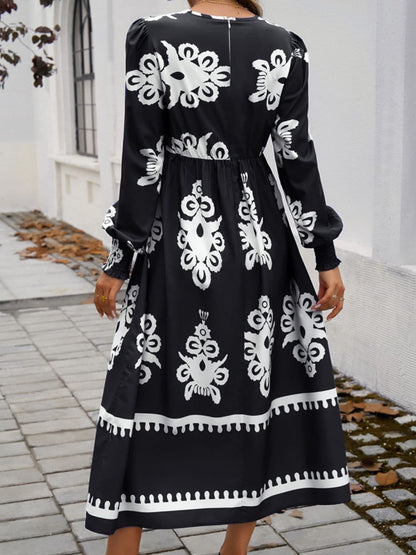 Chic printed surplice midi dress with lantern sleeves