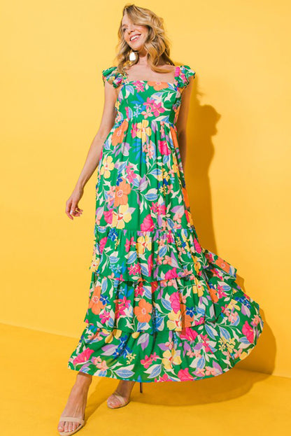 Green Floral Print Sleeveless Ruffle Tiered Maxi Dress Delight