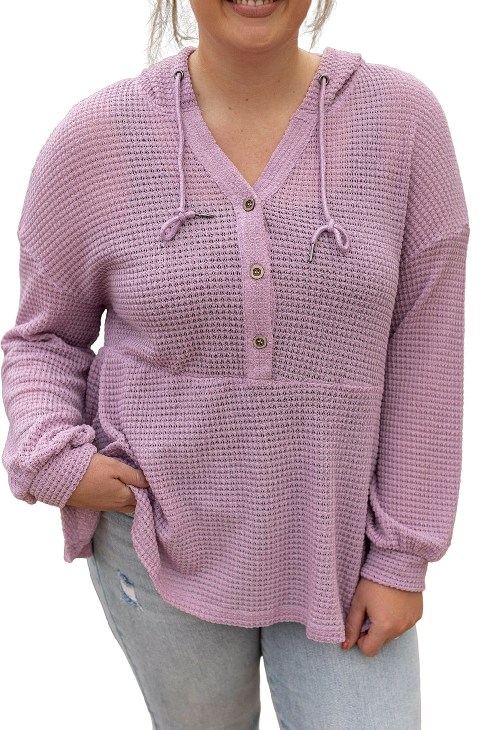 Cozy plus size hooded waffle knit top with button detail