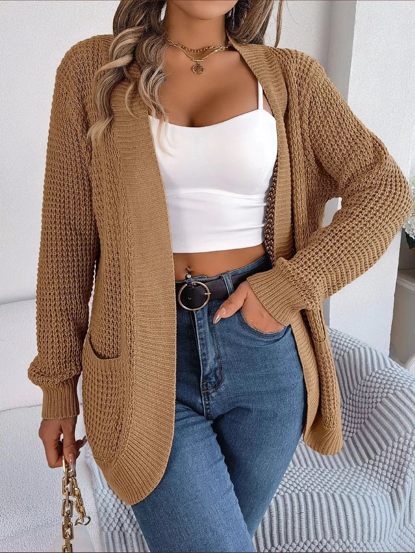 Chunky Knit Open Front Cardigan with Pockets Coco’s Tee Boutique