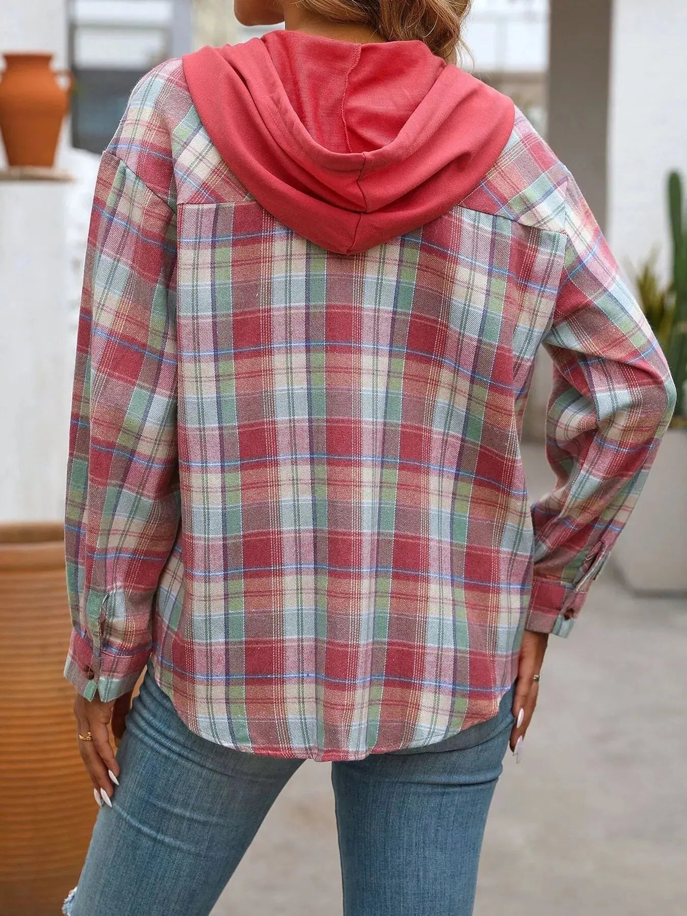 Hooded Plaid Button-Up Shirt Simply Love