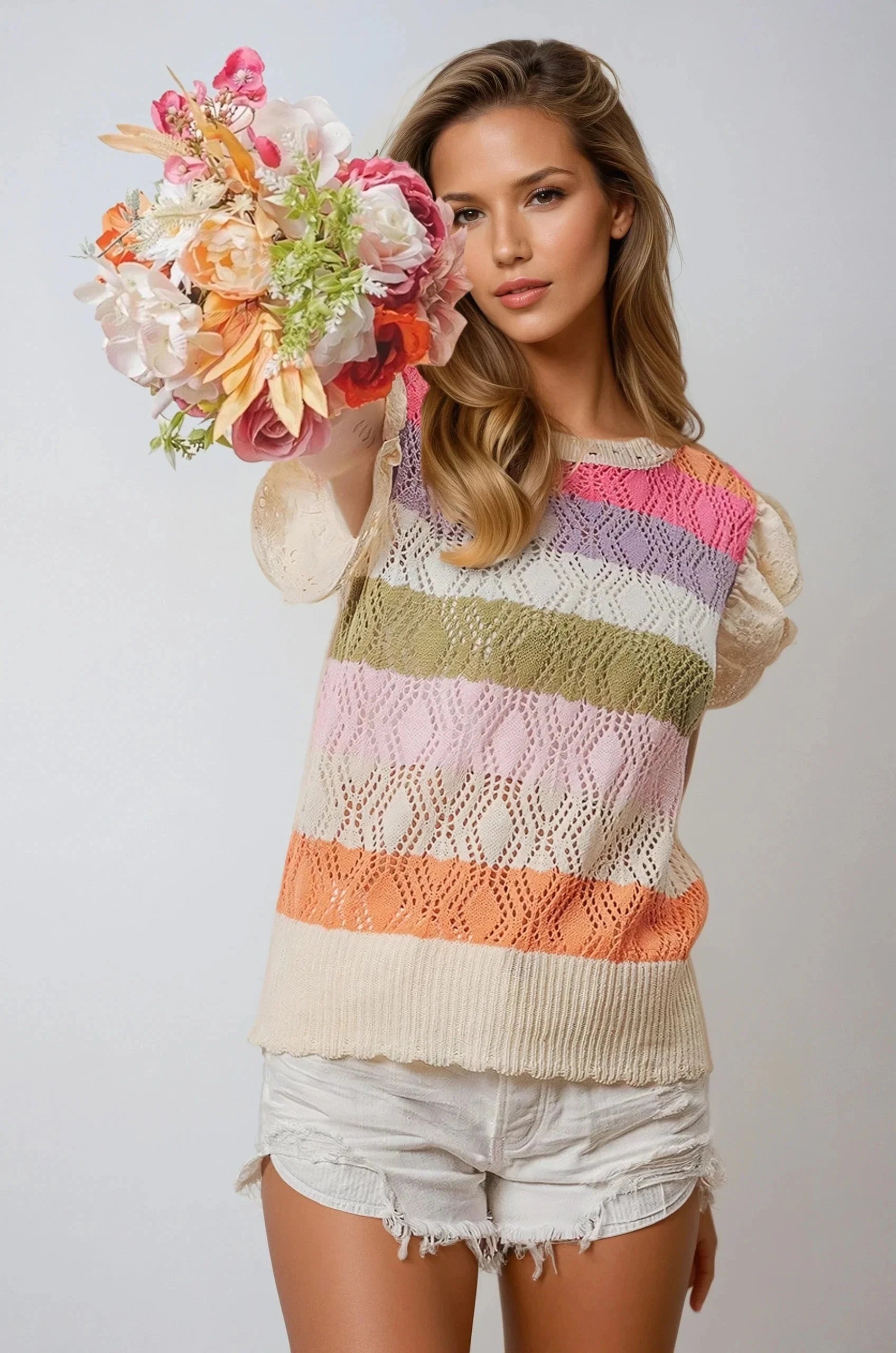 Sunshine Bliss Pointelle Knit Top Pastel Stripe Lightweight Fitkitty Culture Athleisure Wear, Yoga Wear & Women's Clothing