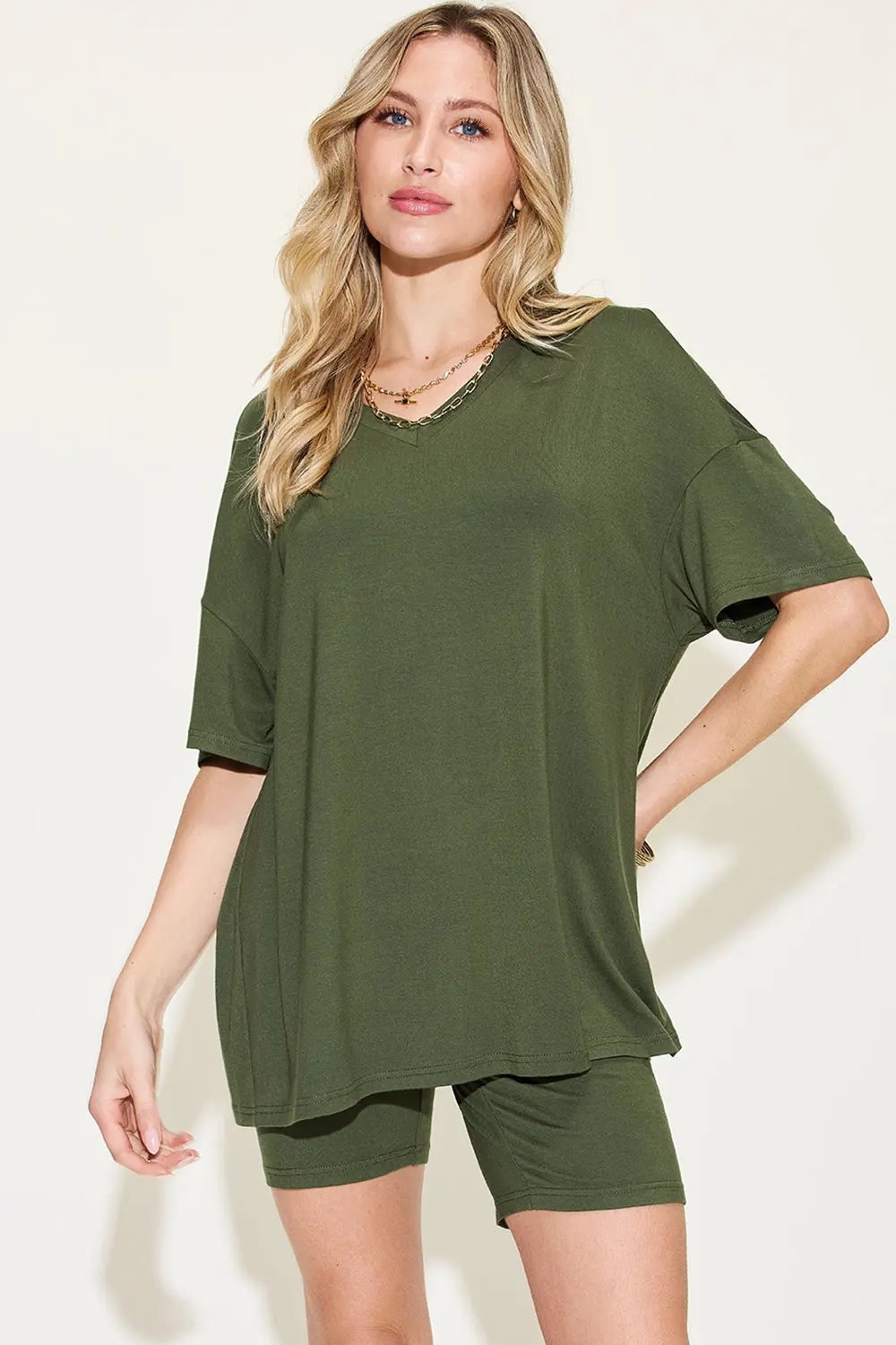 Basic Bae Full Size V-Neck Drop Shoulder T-Shirt and Shorts Set - Love Salve