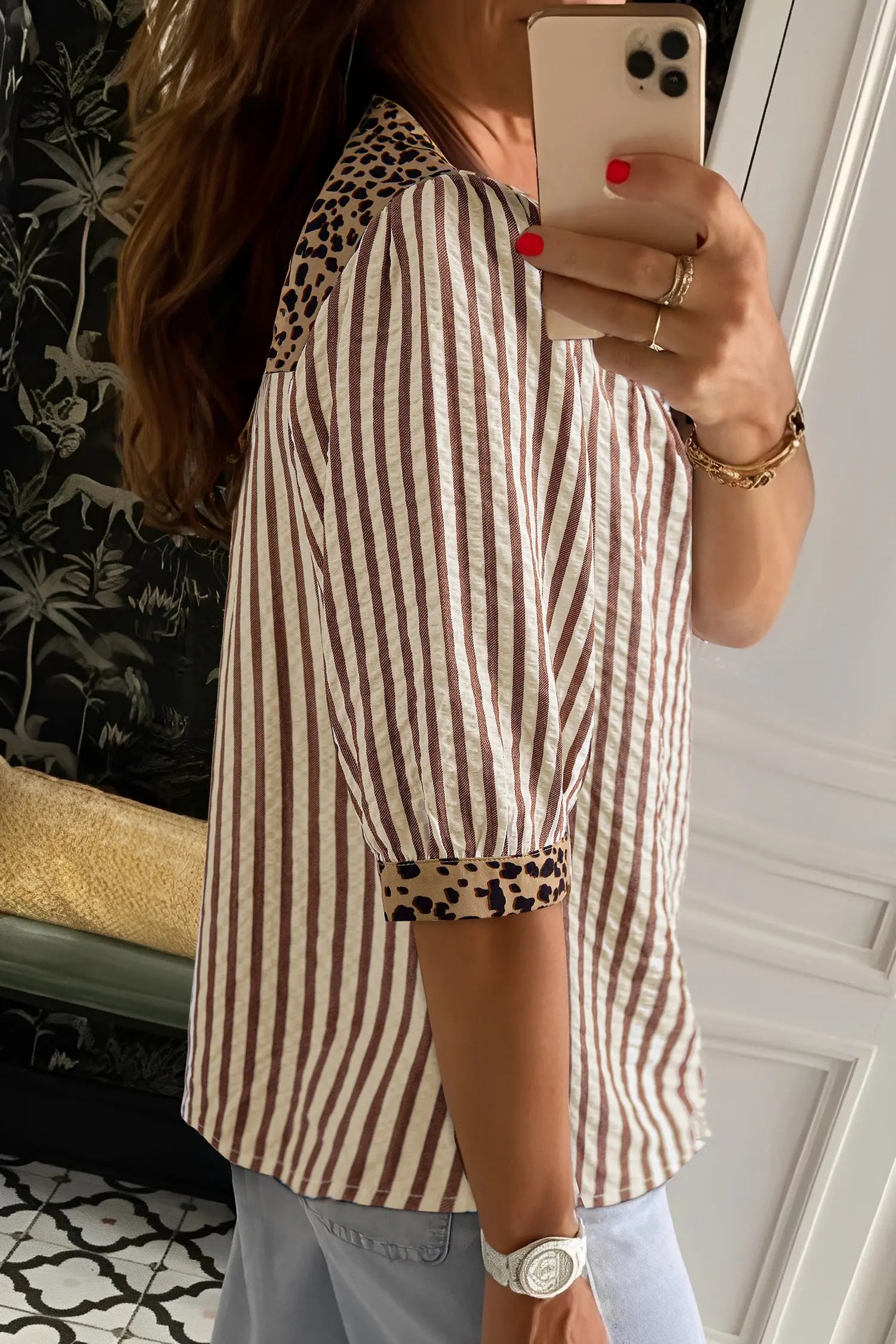 Brown Stripe Leopard Trim V Neck Button Down Half Sleeve Shirt Dear-Lover Dropshipping