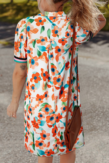 Orange Contrast Trim Floral Split Neck Puff Sleeve Mini Dress