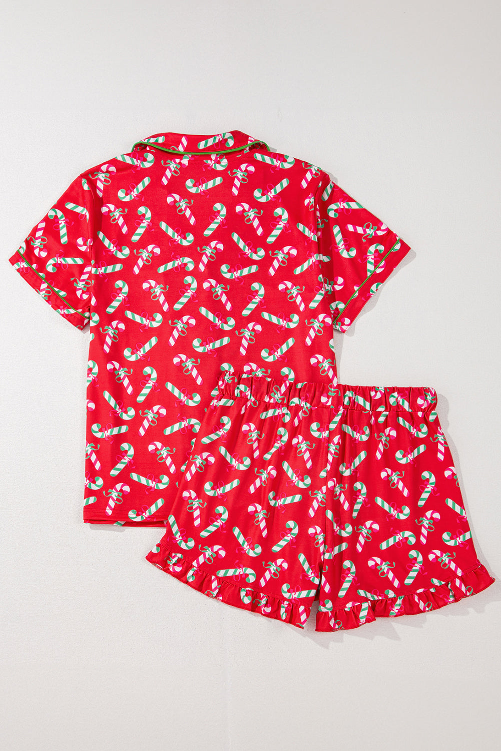 Festive Red Candy Cane Pocketed Pajama Set with Knotted Shorts