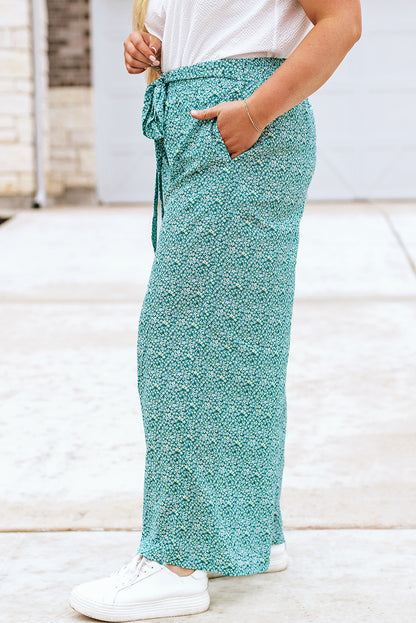 Green Plus Size Floral Tied Waist Wide Leg Pants