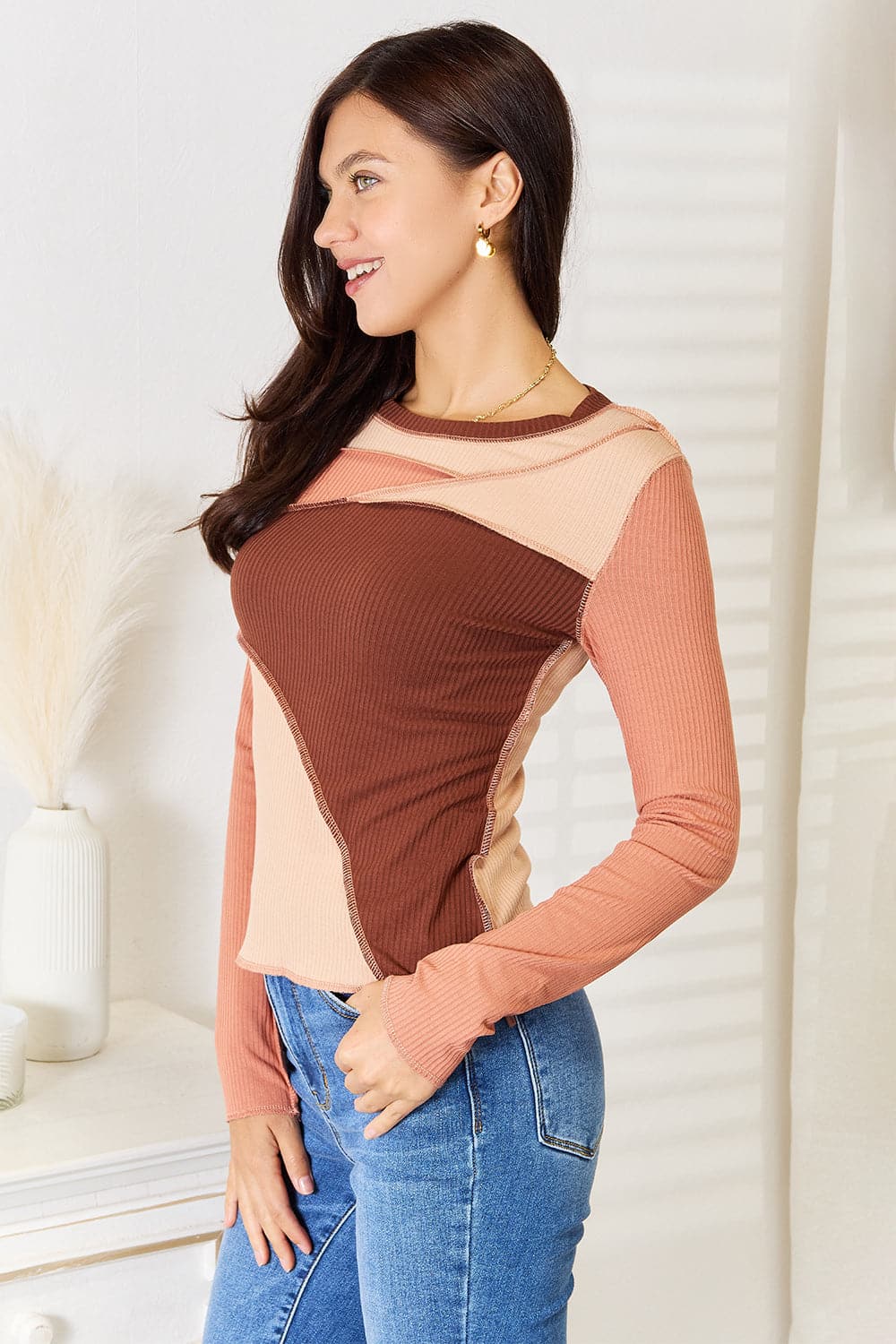 Double Take Color Block Exposed Seam Long Sleeve Top.