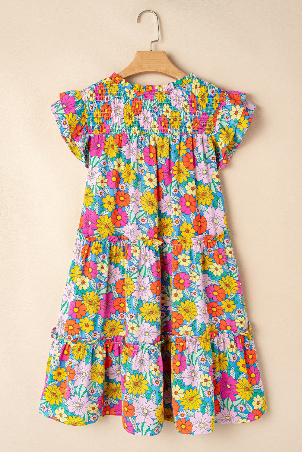 Sky Blue Floral Print Smocked Notch V Neck Flutter Sleeve Dress