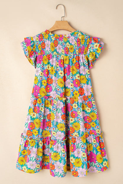 Sky Blue Floral Print Smocked Notch V Neck Flutter Sleeve Dress