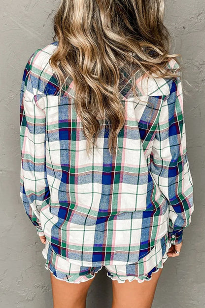 Plaid Print Button-Up Long Sleeve Top with Matching Shorts Set