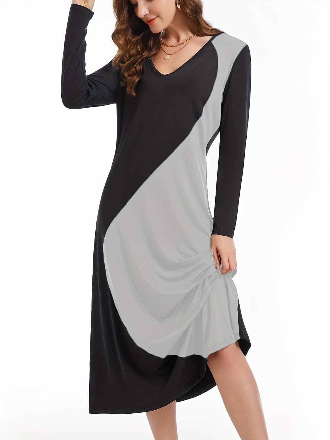 Contrast Long Sleeve Midi Dress.