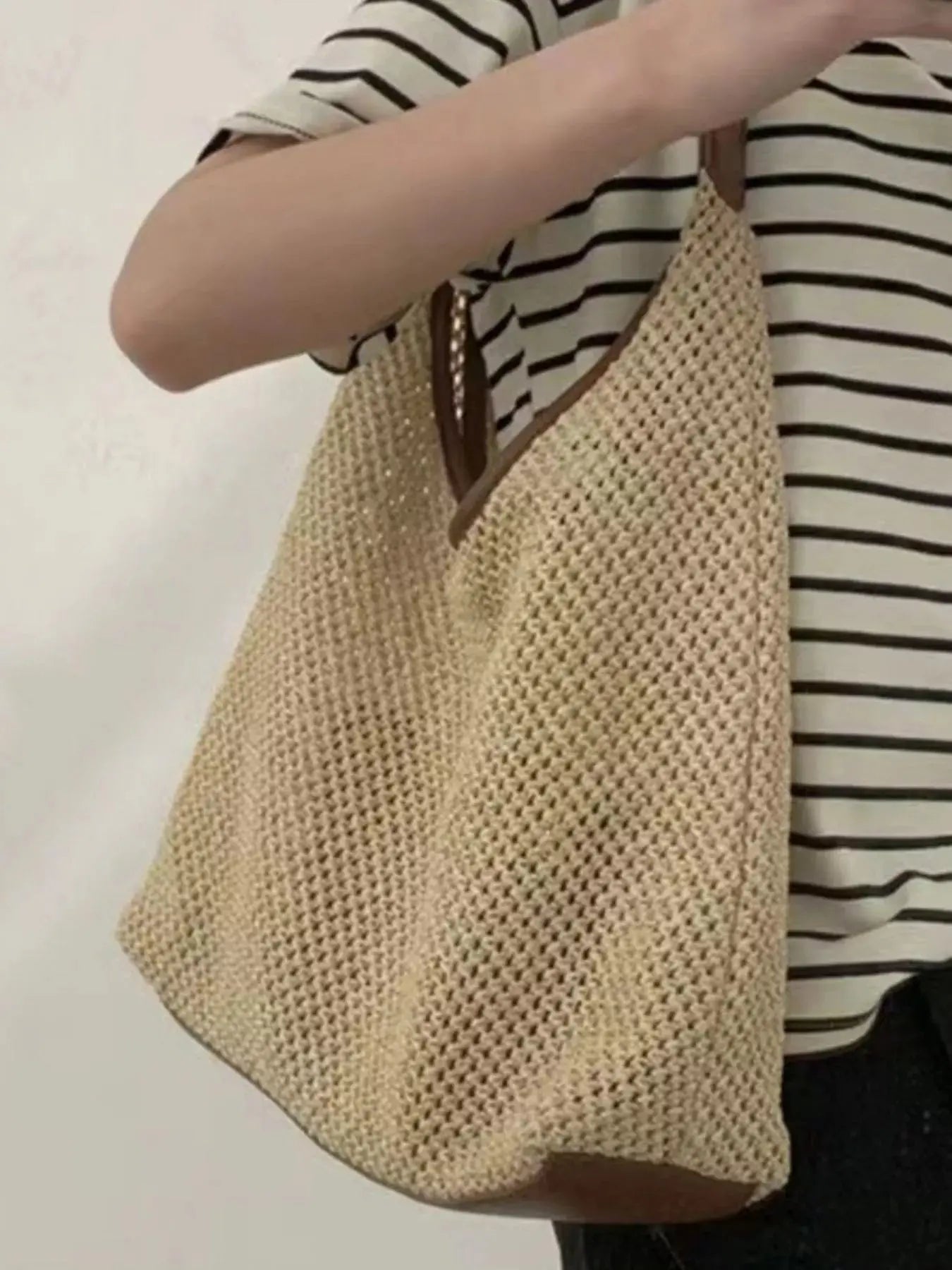 Woven Straw Handbag with Leather Strap Simply Love
