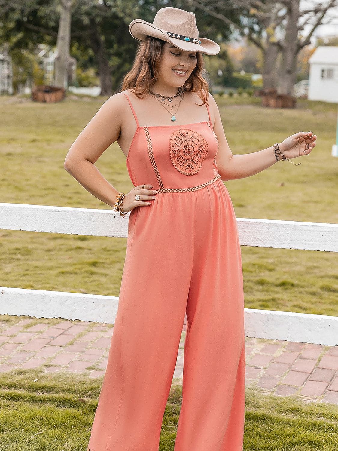 Plus Size Lace Detail Spaghetti Strap Wide Leg Jumpsuit.