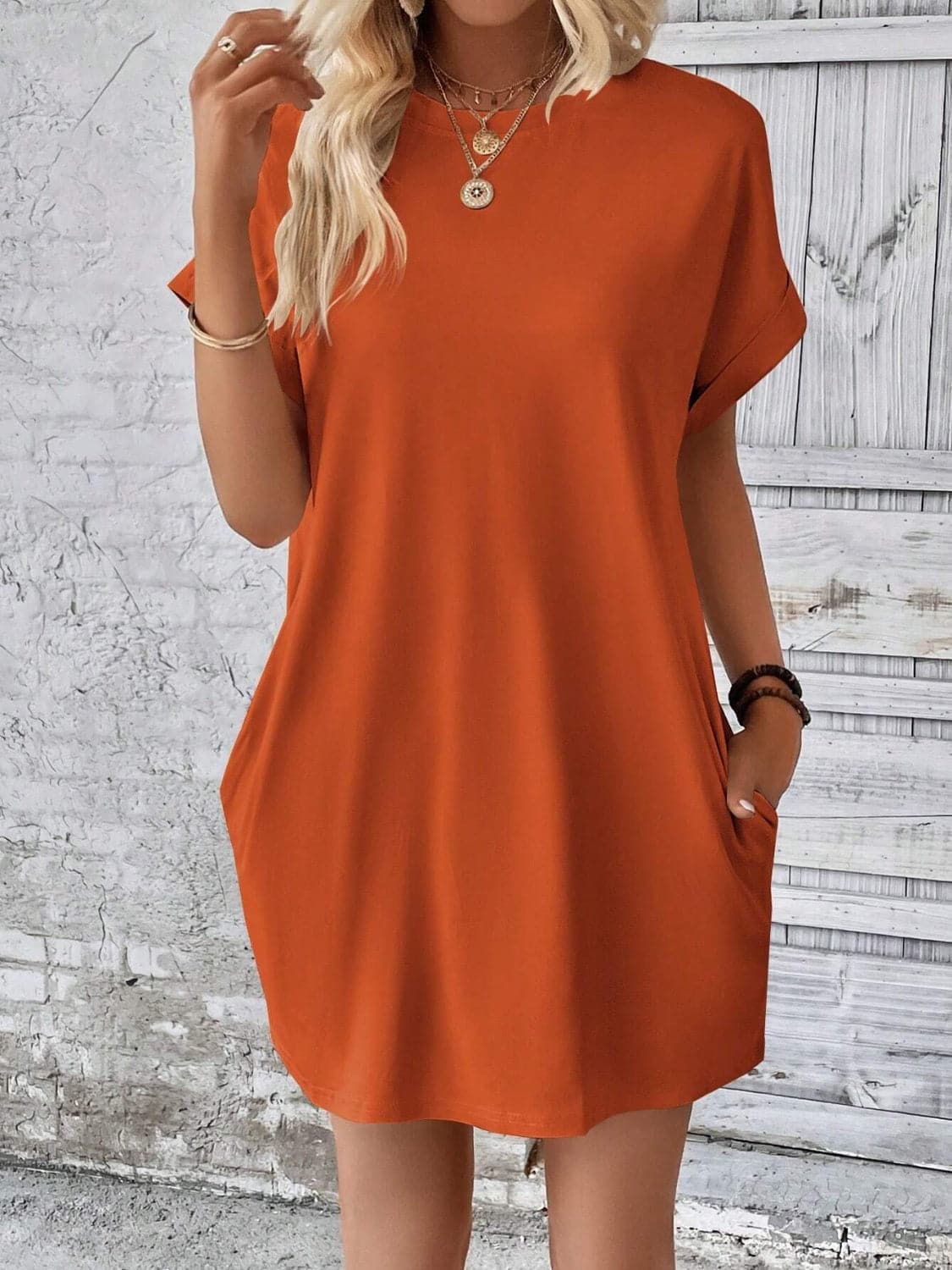 Round Neck Short Sleeve Mini Dress.