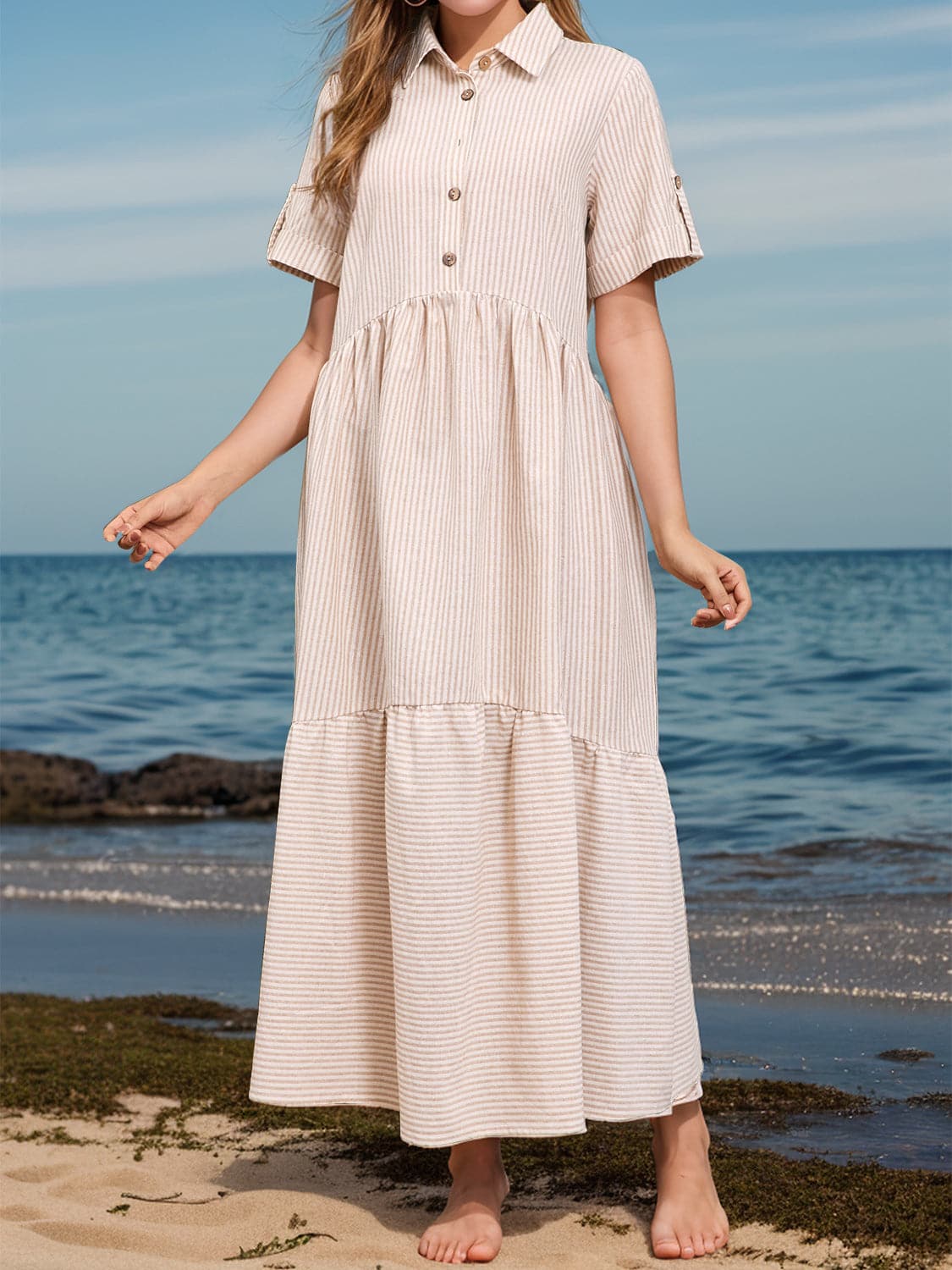 Striped Collared Neck Short Sleeve Dress.