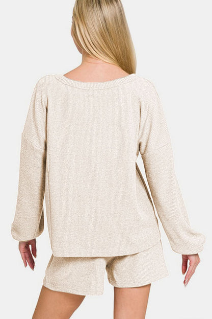 Chic Ribbed V-Neck Long Sleeve Top and Shorts Duo