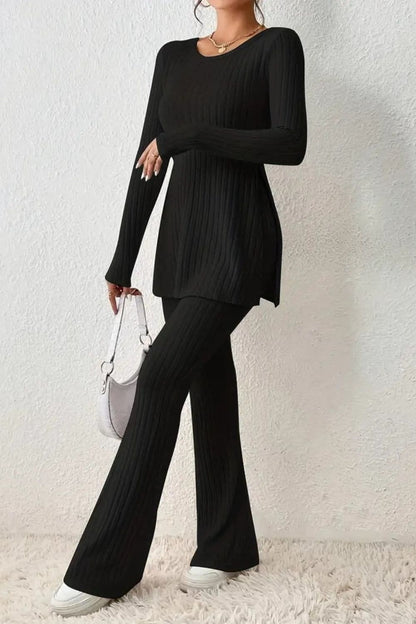 Ribbed Long Sleeve Slit Top and Bootcut Pants Set.