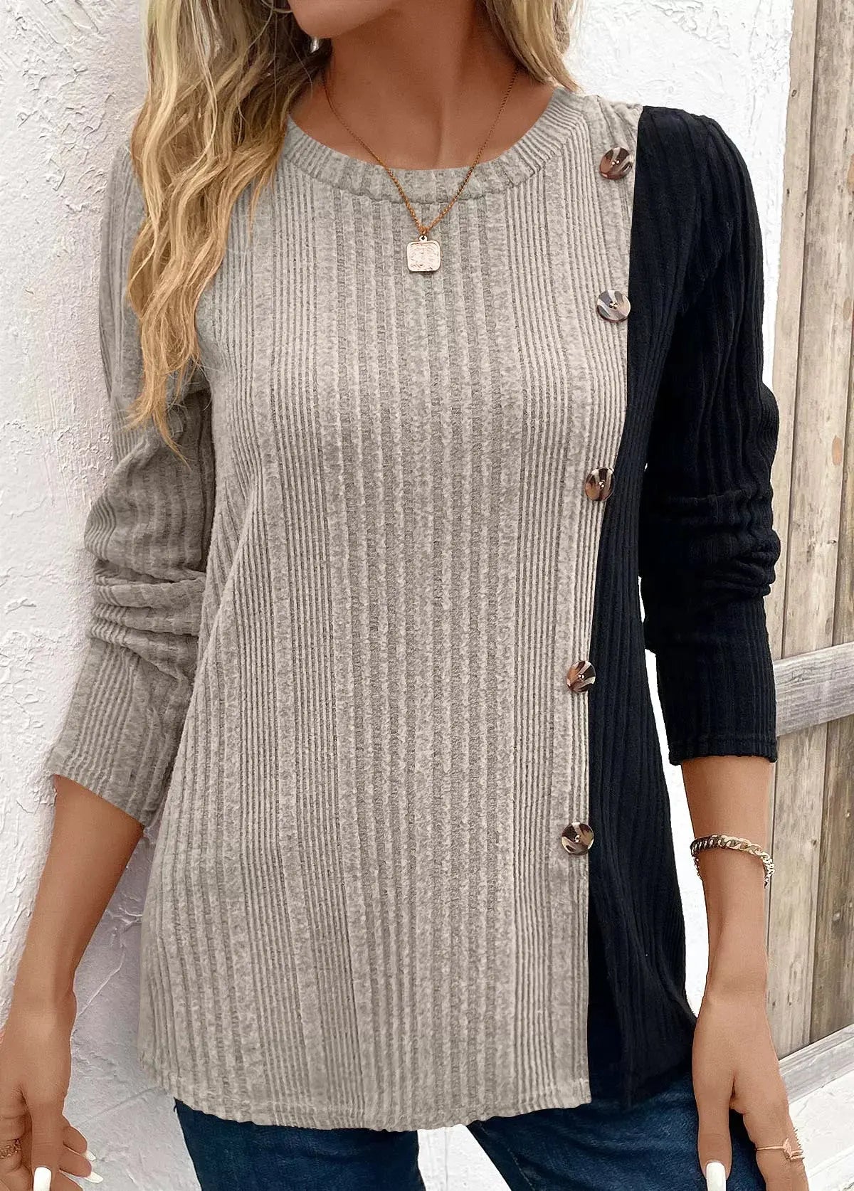 Color Block Ribbed Knit Top With Decorative Buttons Slit Detail Simply Love