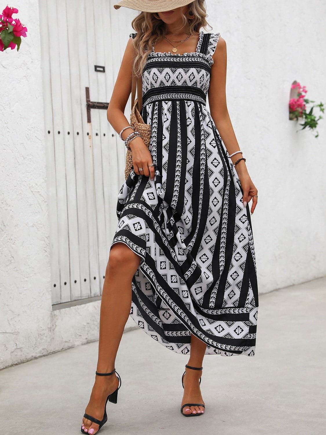 Printed Square Neck Wide Strap Cami Dress.