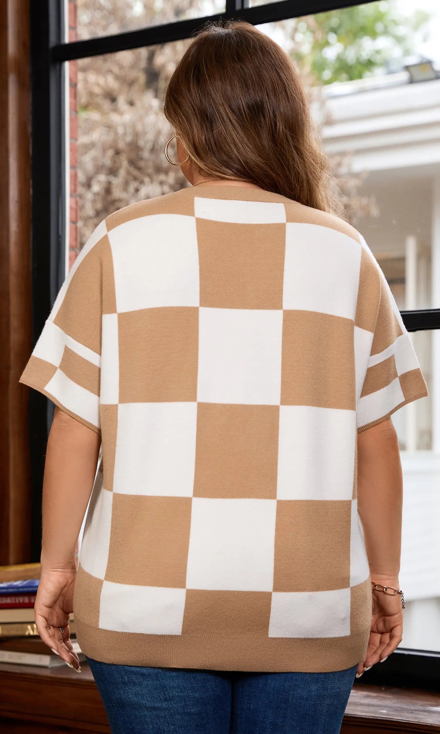 Dear-Lover Beige Checkered Knit Women's Plus Size Short Sleeve Sweater: Casual, Fall-Ready Dear-Lover Dropshipping
