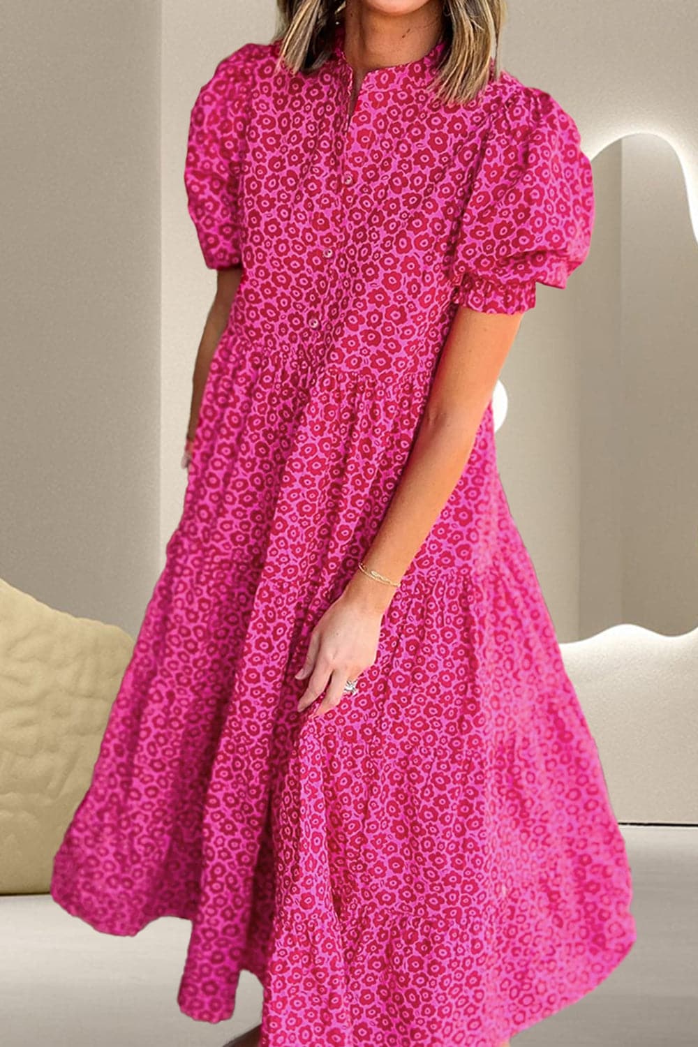 Printed Notched Puff Sleeve Midi Dress.