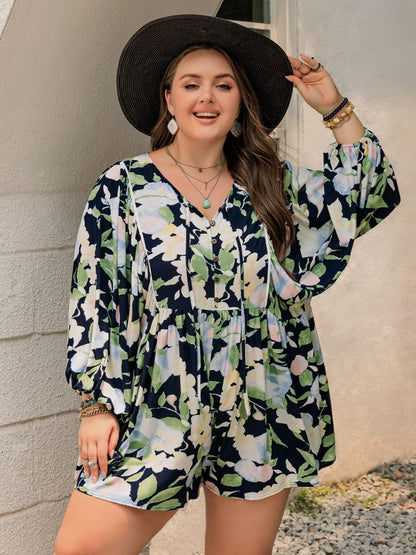 Plus Size Tied Printed Long Sleeve Romper.