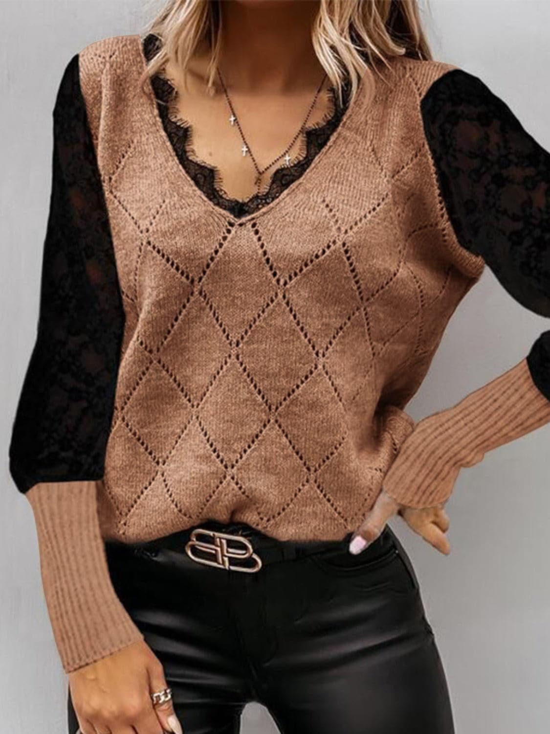 Lace Decor V Neck Two Tone Sweater.