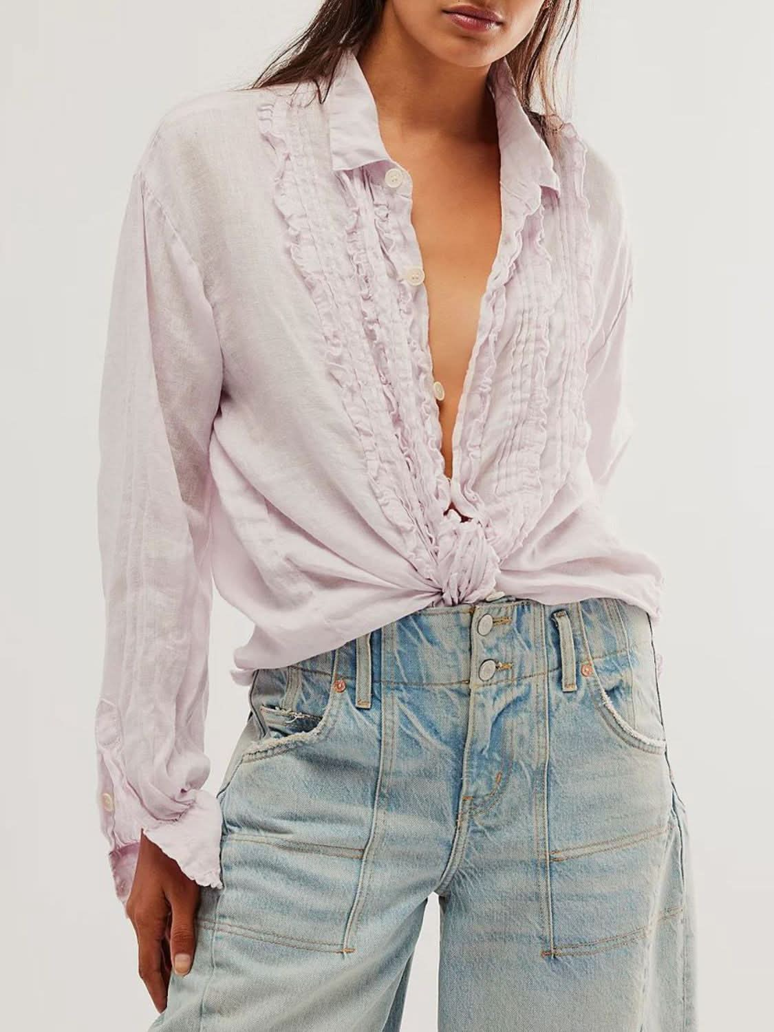 Ruffled Collared Long Sleeve Ruched Shirt