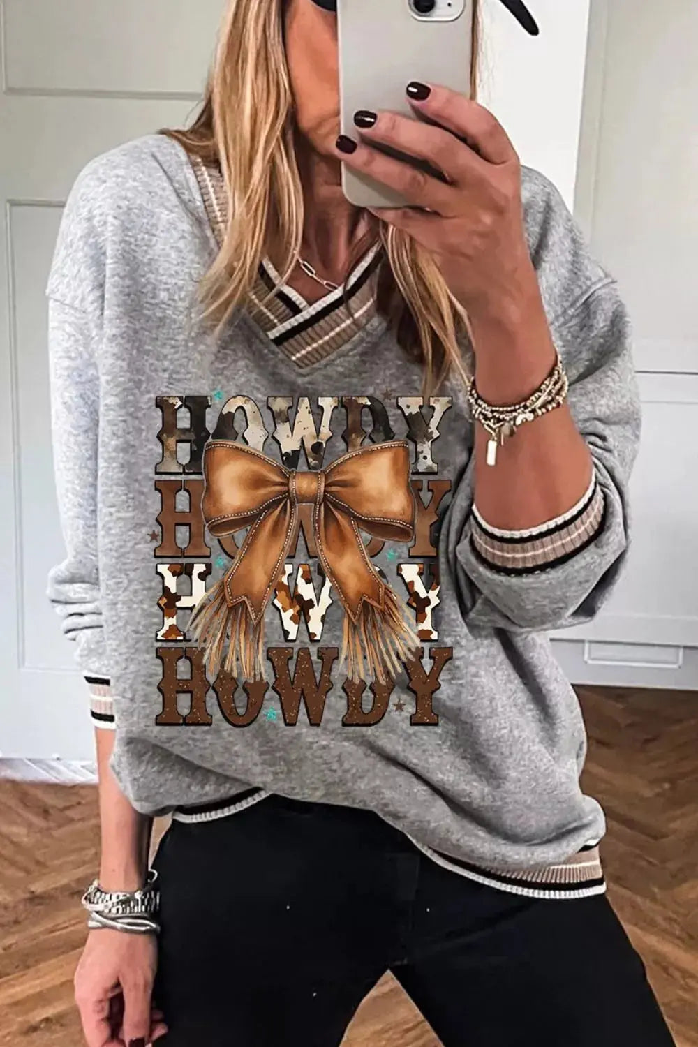 Howdy Graphic V Neck Sweatshirt With Bow Design In Gray Simply Love