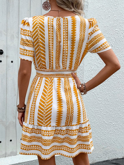 Geometric Notched Short Sleeve Mini Dress.