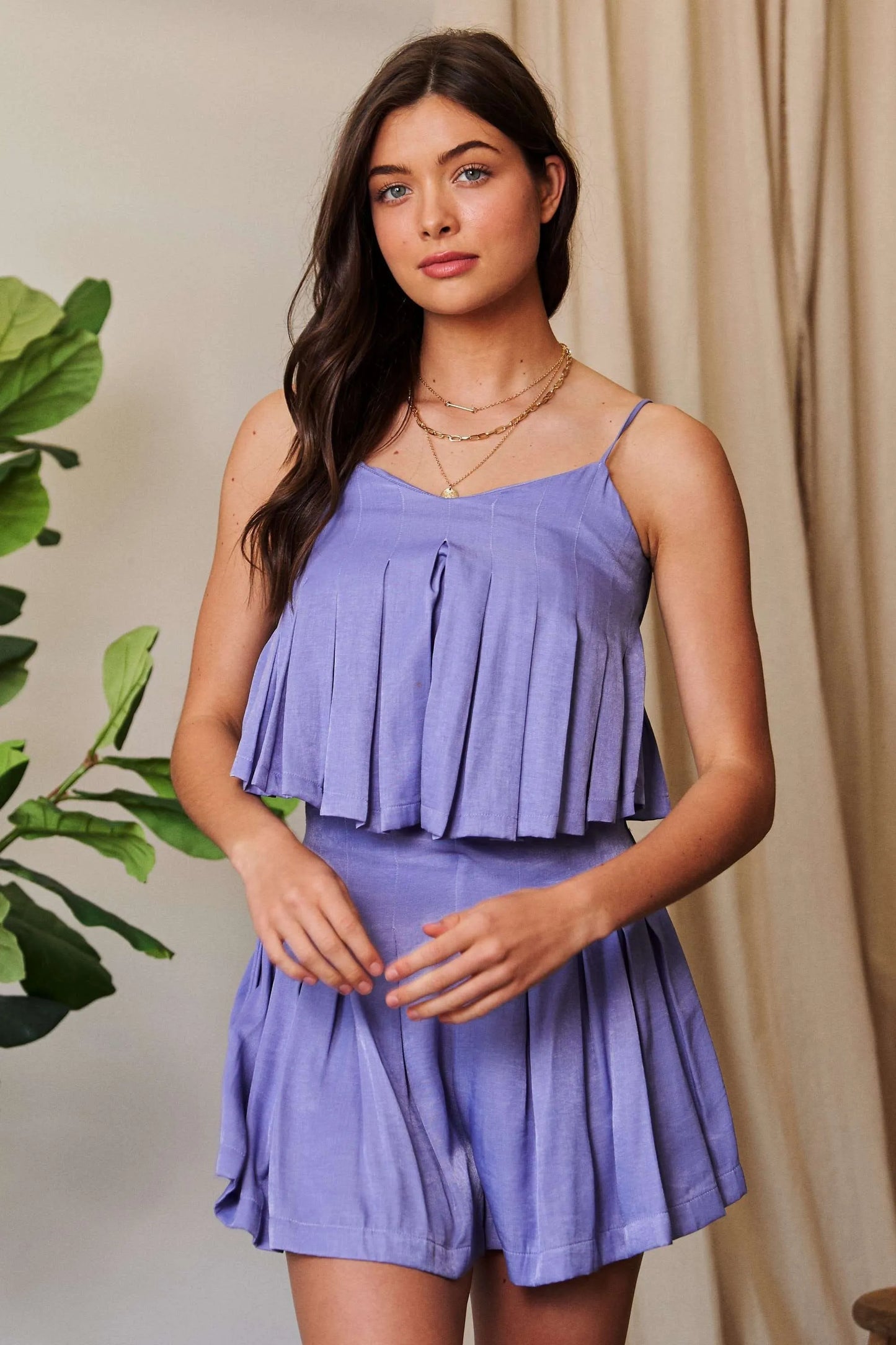 Davi & Dani Pleated Body Elastic Back Babydoll Strappy Top - Love Salve 