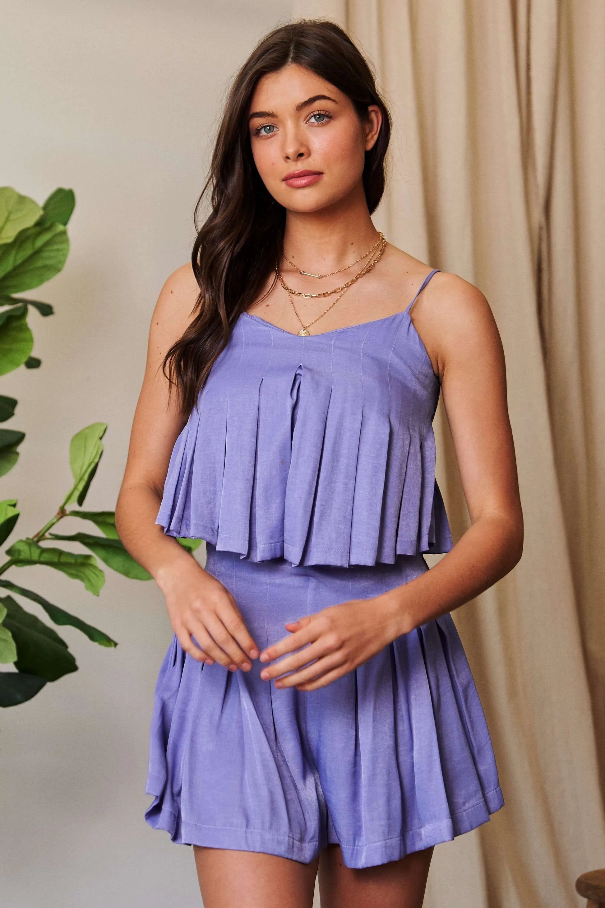 Davi & Dani Pleated Body Elastic Back Babydoll Strappy Top - Love Salve 