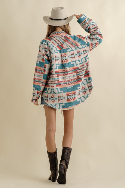 Boho Aztec Frayed Shacket