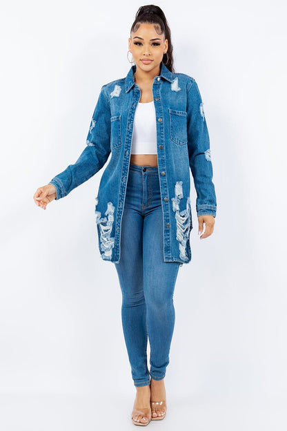 Edgy distressed denim button-up jacket for a stylish look