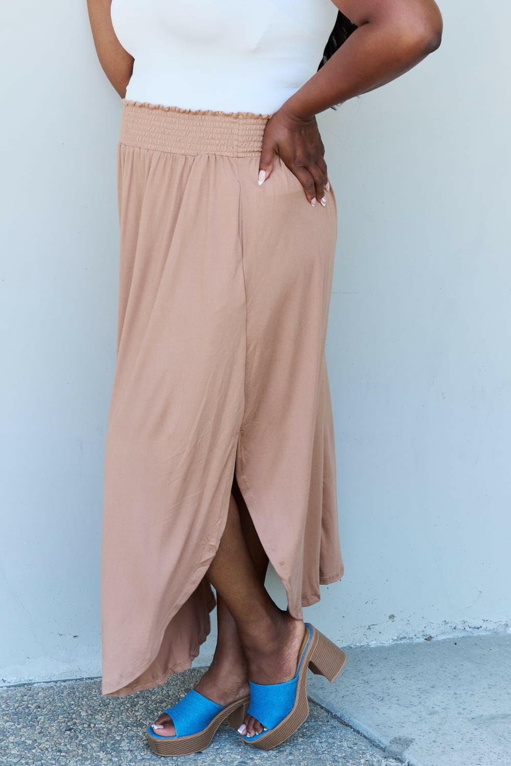 Doublju Comfort Princess Full Size High Waist Scoop Hem Maxi Skirt in Tan.