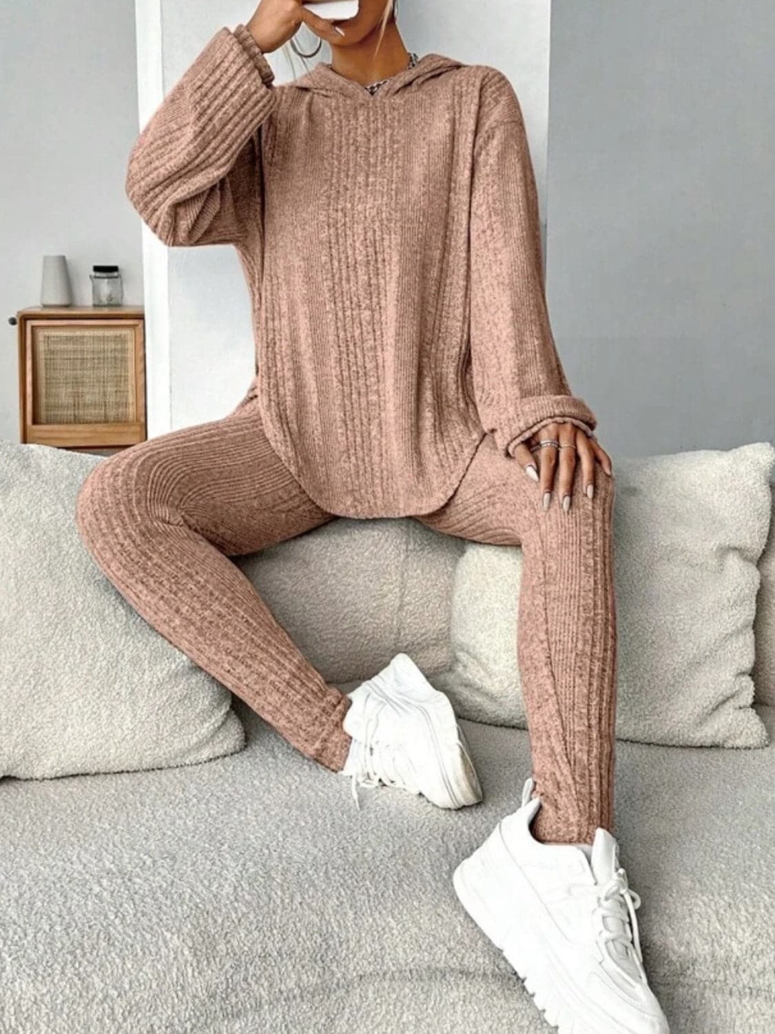 Round Neck Dropped Shoulder Hoodie and Pants Set.