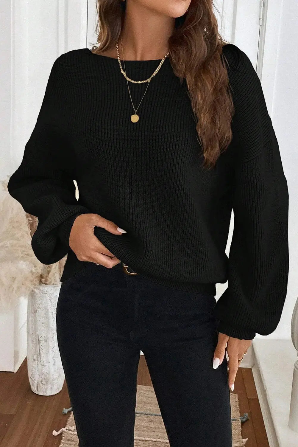 Black Ribbed Knit Backless Knot Drop Shoulder Sweater Dear-Lover Dropshipping