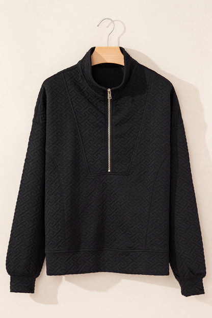 Textured black half-zip collared sweatshirt for effortless style