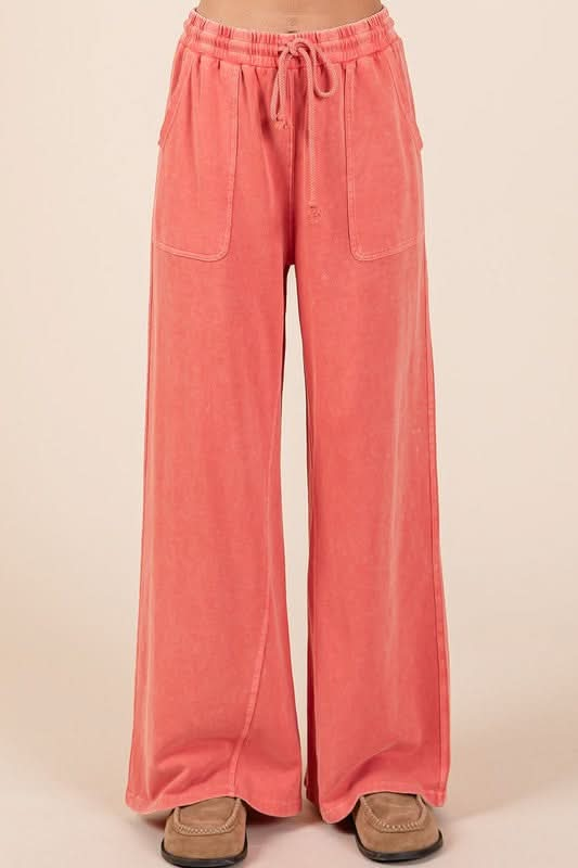 Chic Mineral Wash Wide Leg Drawstring Pants in French Terry