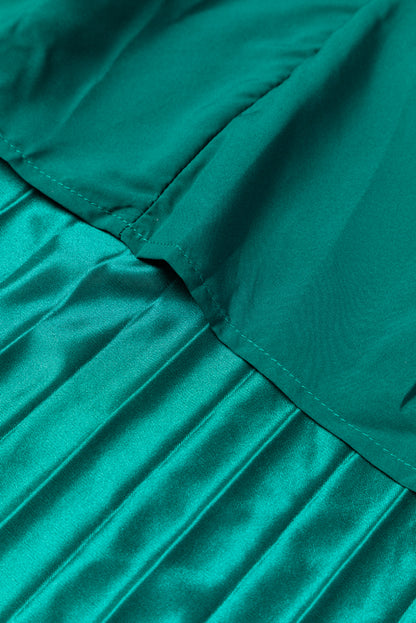 Blackish Green Satin Elastic Waist Pleated Maxi Skirt