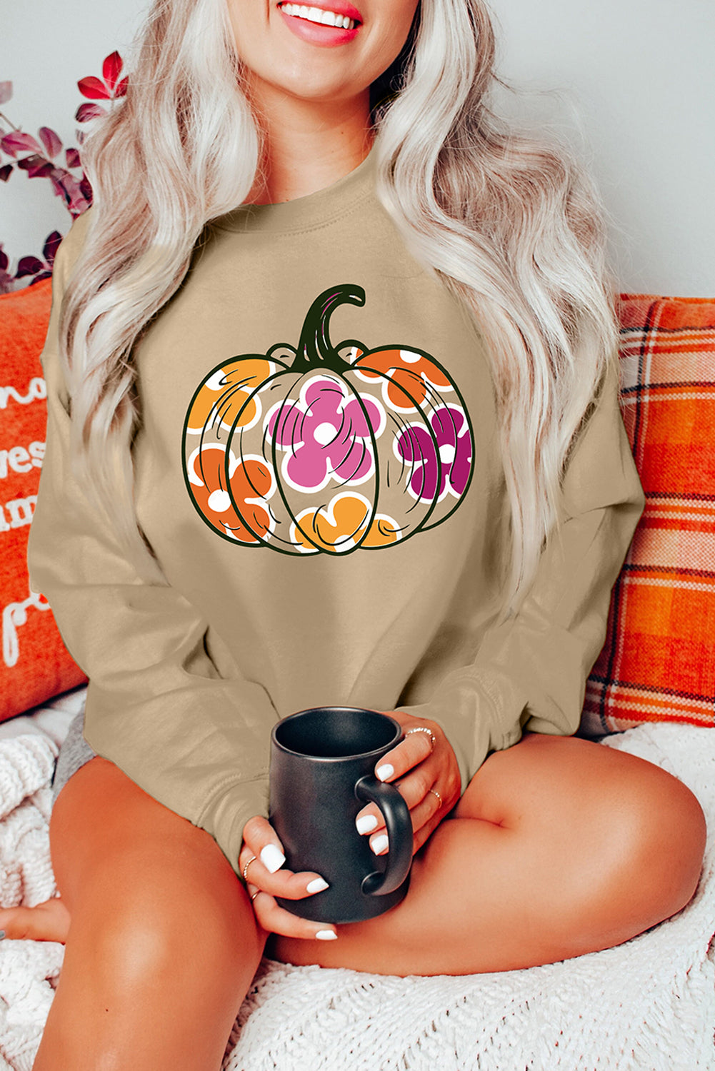 Khaki pumpkin graphic sweatshirt with floral pumpkin design, long sleeves, and round neck, perfect for casual daily wear.